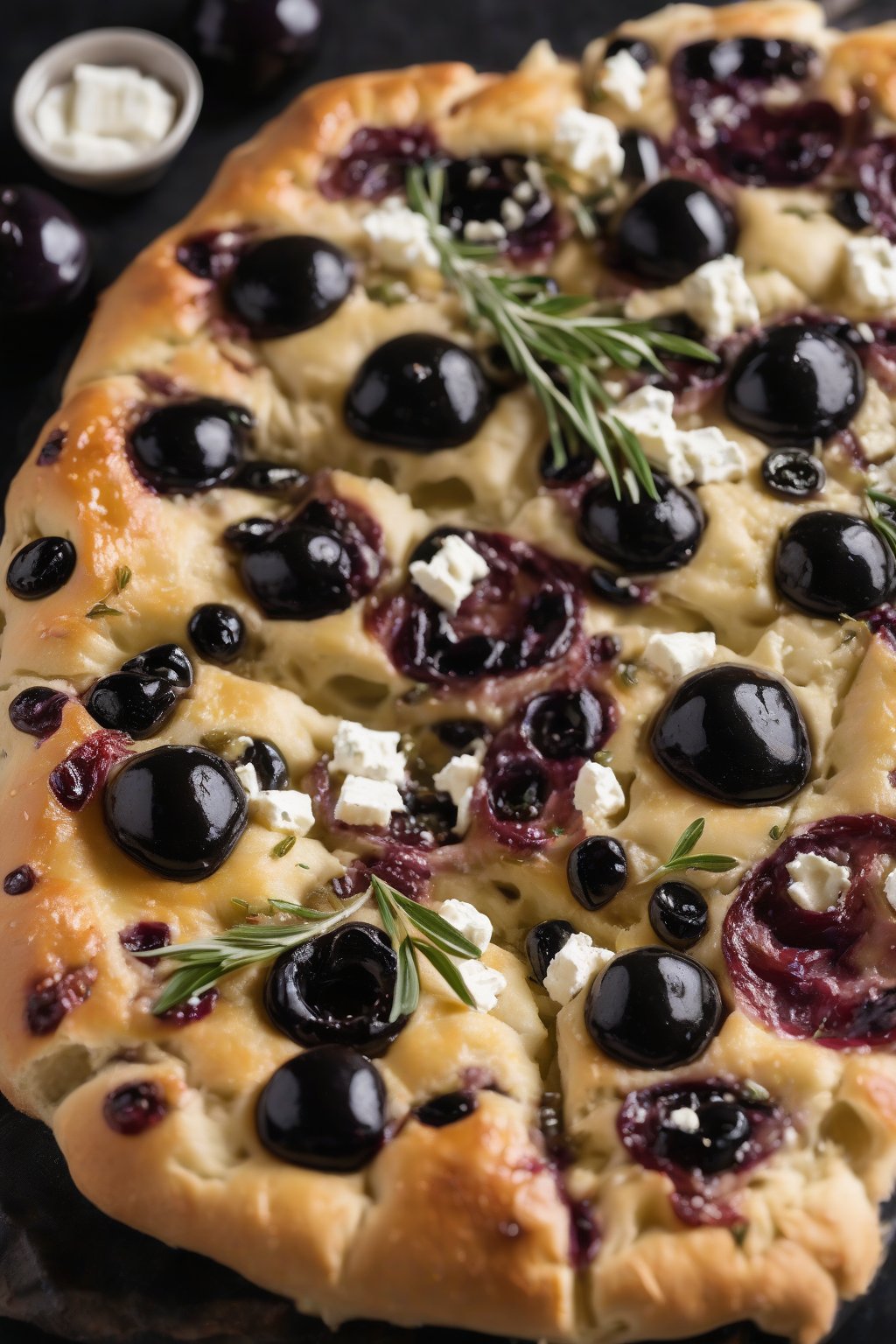 A high-resolution photo of kalamata olive and feta dimpled focaccia, black olives and white cheese in dimples, under soft lighting.