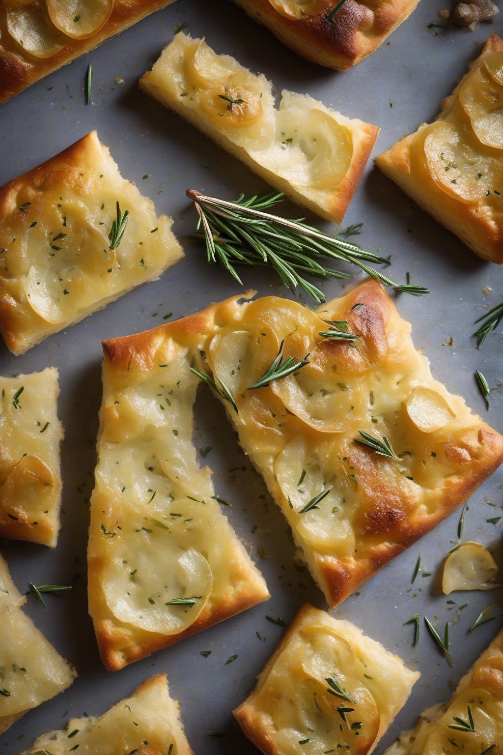 A high-resolution photo of potato and rosemary dimpled focaccia, crispy potato slices atop bubbly bread, under soft lighting.