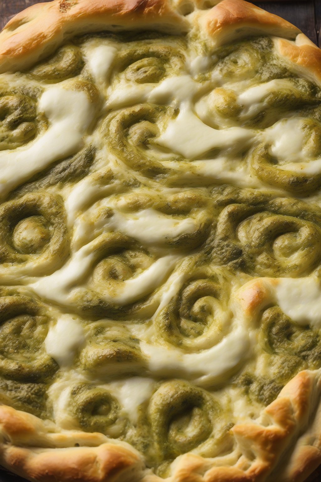 A high-resolution photo of pesto and mozzarella dimpled focaccia, green swirls and melted cheese pools, under soft lighting.