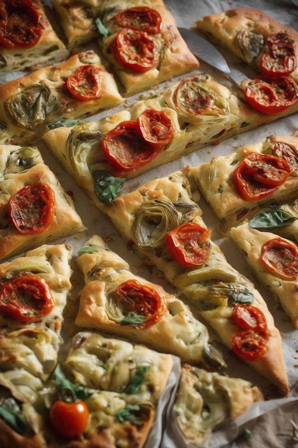 A high-resolution photo of sundried tomato and artichoke dimpled focaccia, red tomatoes and green hearts in oily pockets, under soft lighting.