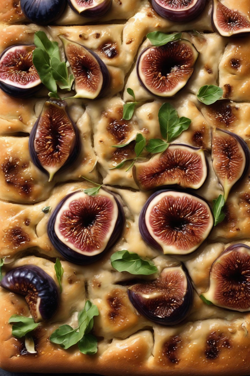 A high-resolution photo of fig and balsamic dimpled focaccia, glossy figs in dimples with herb flecks, under soft lighting.