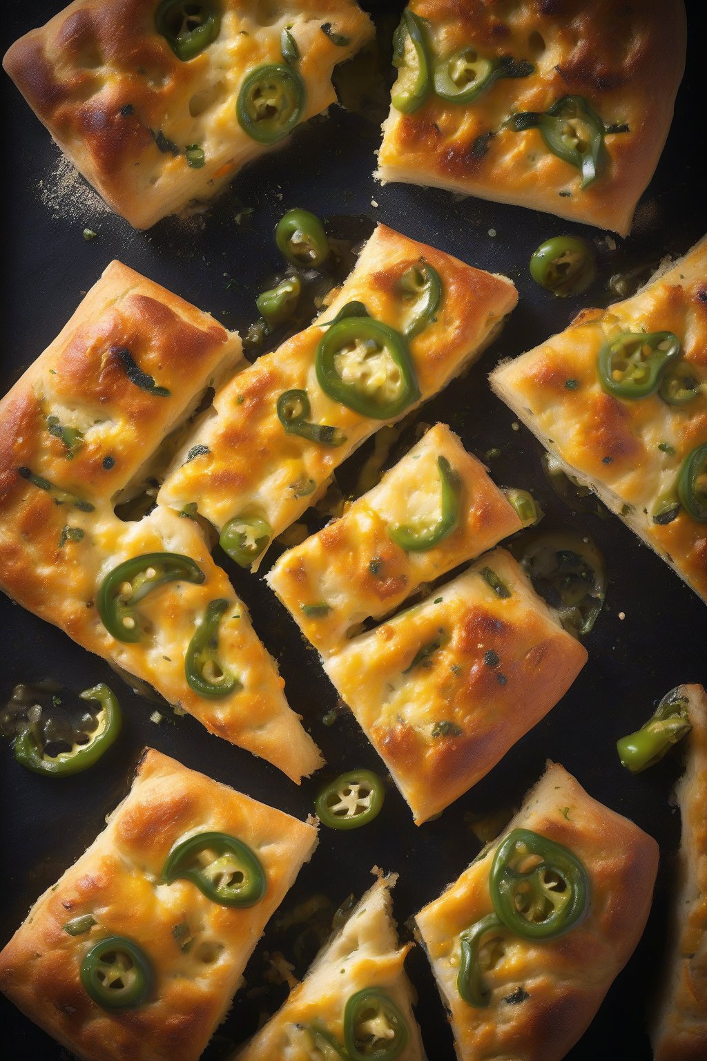 A high-resolution photo of jalapeño and cheddar dimpled focaccia, molten cheese with green pepper pops, under soft lighting.