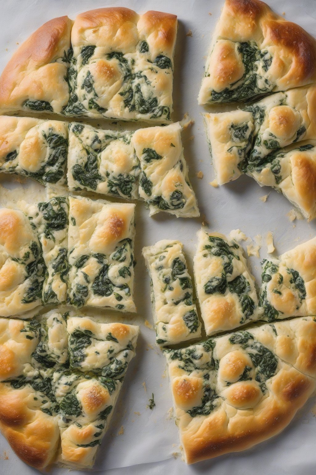 A high-resolution photo of spinach and ricotta dimpled focaccia, green flecks in creamy white dollops, under soft lighting.