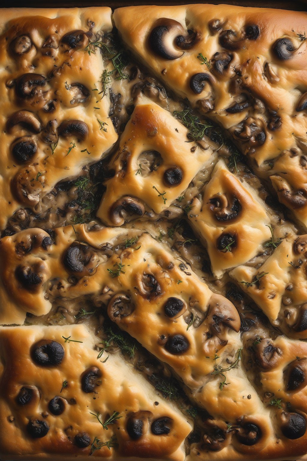 A high-resolution photo of mushroom and thyme dimpled focaccia, browned mushrooms filling dimples, under soft lighting.