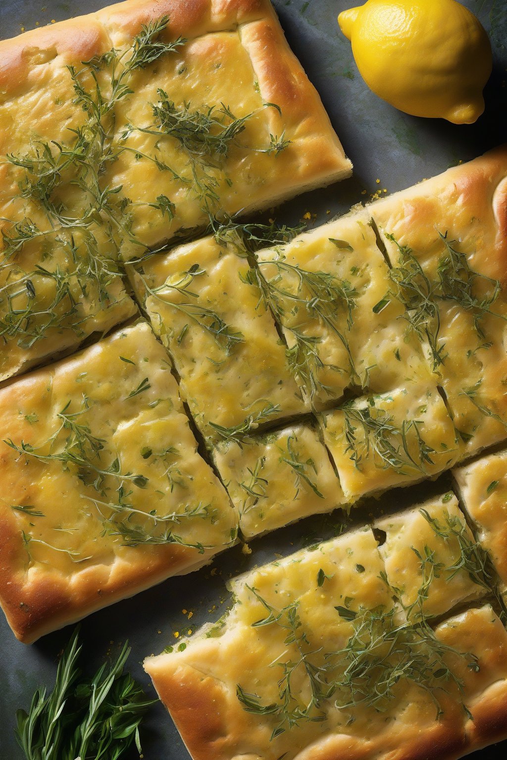 A high-resolution photo of lemon zest and herb dimpled focaccia, yellow flecks amid green herbs, under soft lighting.
