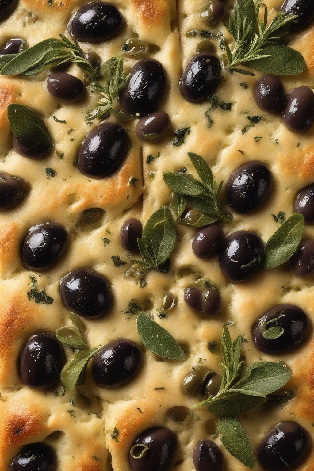 A high-resolution photo of black olive and oregano dimpled focaccia, shiny olives in herb-dotted bread, under soft lighting.