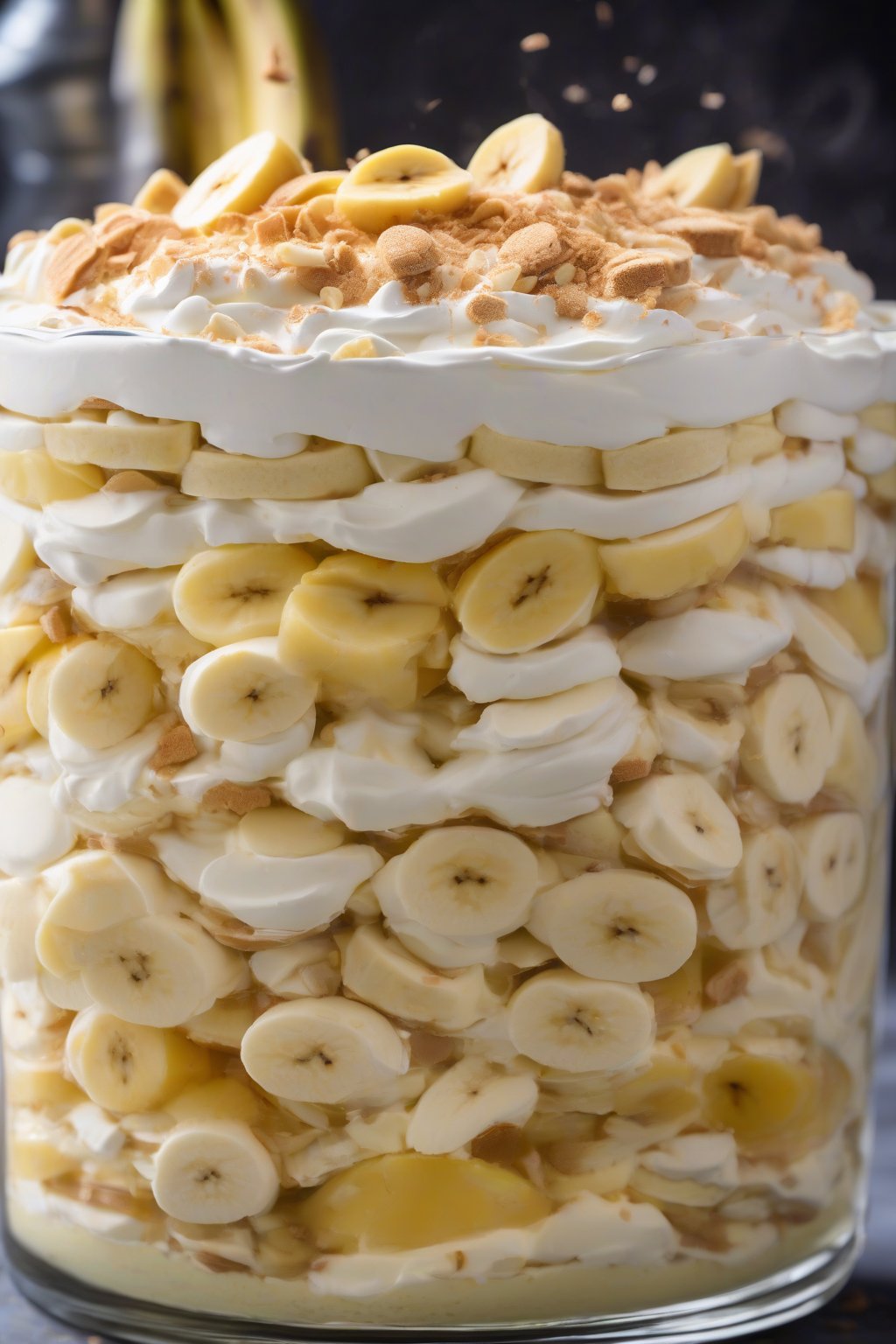 A close-up photo of a towering classic banana pudding trifle with visible layers of wafers, bananas, and cream under soft lighting.