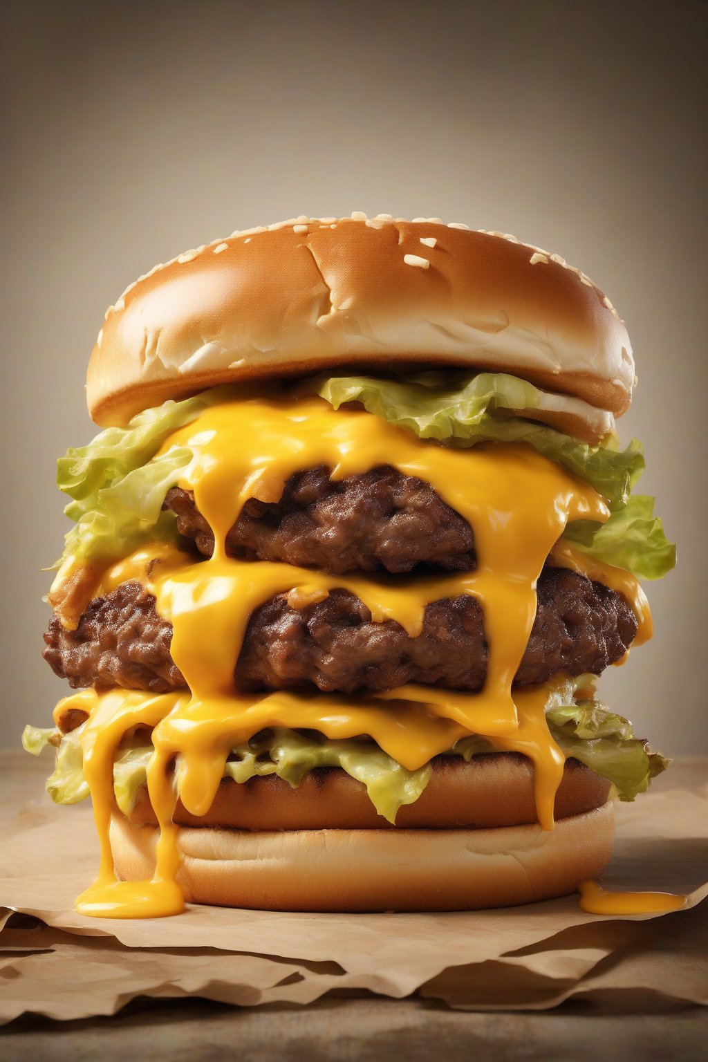 A high-resolution photo of a classic double cheese smash burger with crispy edges and melted cheese, stacked high on a toasted bun under soft lighting.