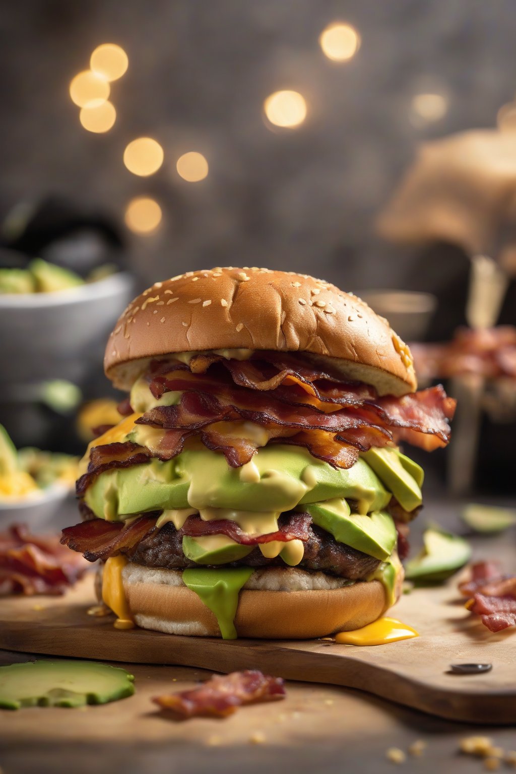 A high-resolution photo of a bacon avocado smash burger with melted cheddar dripping, fresh avocado slices, and crispy bacon under soft lighting.