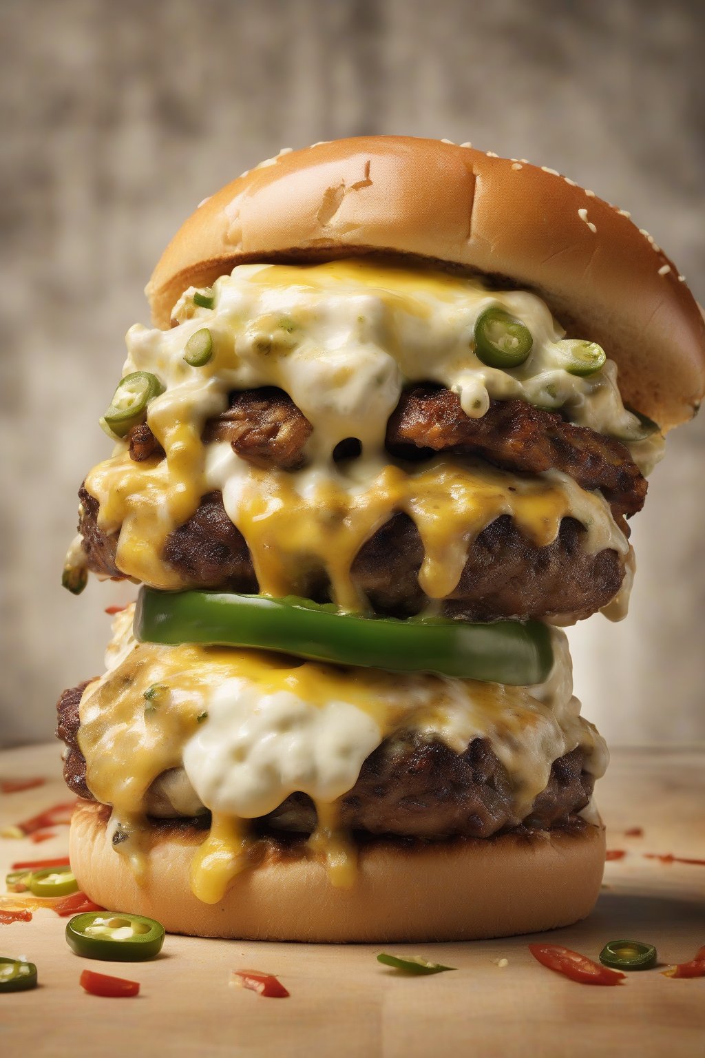 A high-resolution photo of a spicy jalapeño popper smash burger oozing cream cheese and melted pepper jack under soft lighting.