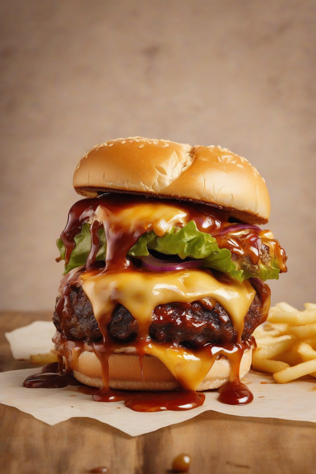 A high-resolution photo of a caramelized onion BBQ smash burger with gooey gouda and glossy sauce under soft lighting.