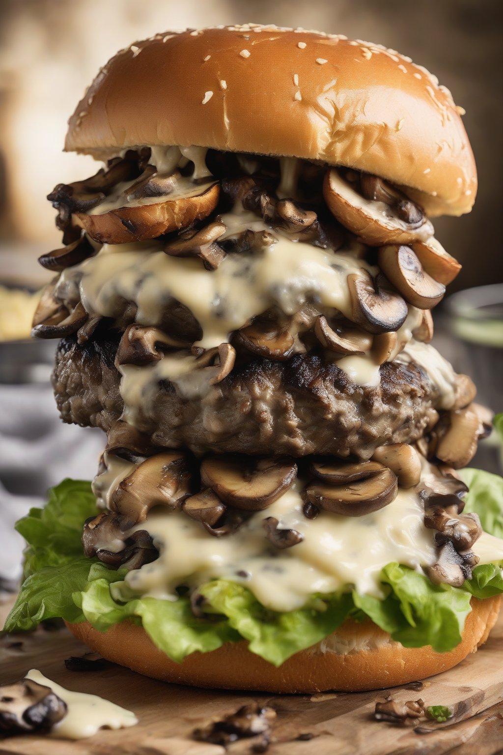 A high-resolution photo of a mushroom Swiss smash burger piled with sautéed mushrooms and bubbling cheese under soft lighting.