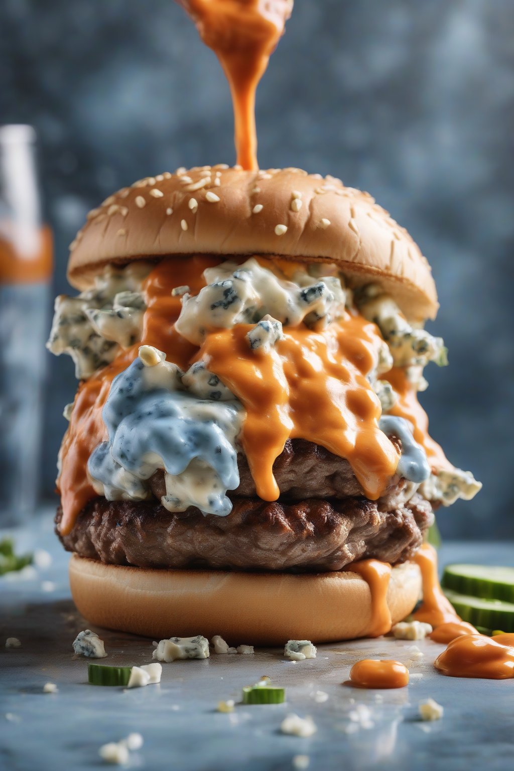 A high-resolution photo of a buffalo blue cheese smash burger with chunky blue cheese and fiery sauce under soft lighting.