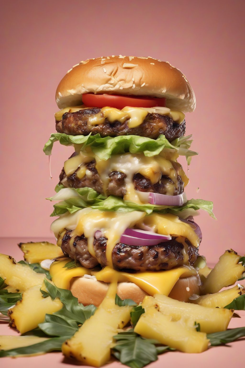 A high-resolution photo of a Hawaiian pineapple smash burger with caramelized pineapple and melted provolone under soft lighting.