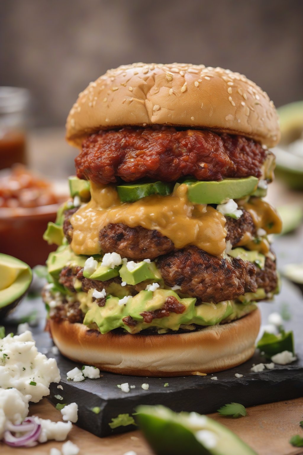 A high-resolution photo of a chorizo Mexican smash burger with crumbled queso fresco and creamy avocado under soft lighting.