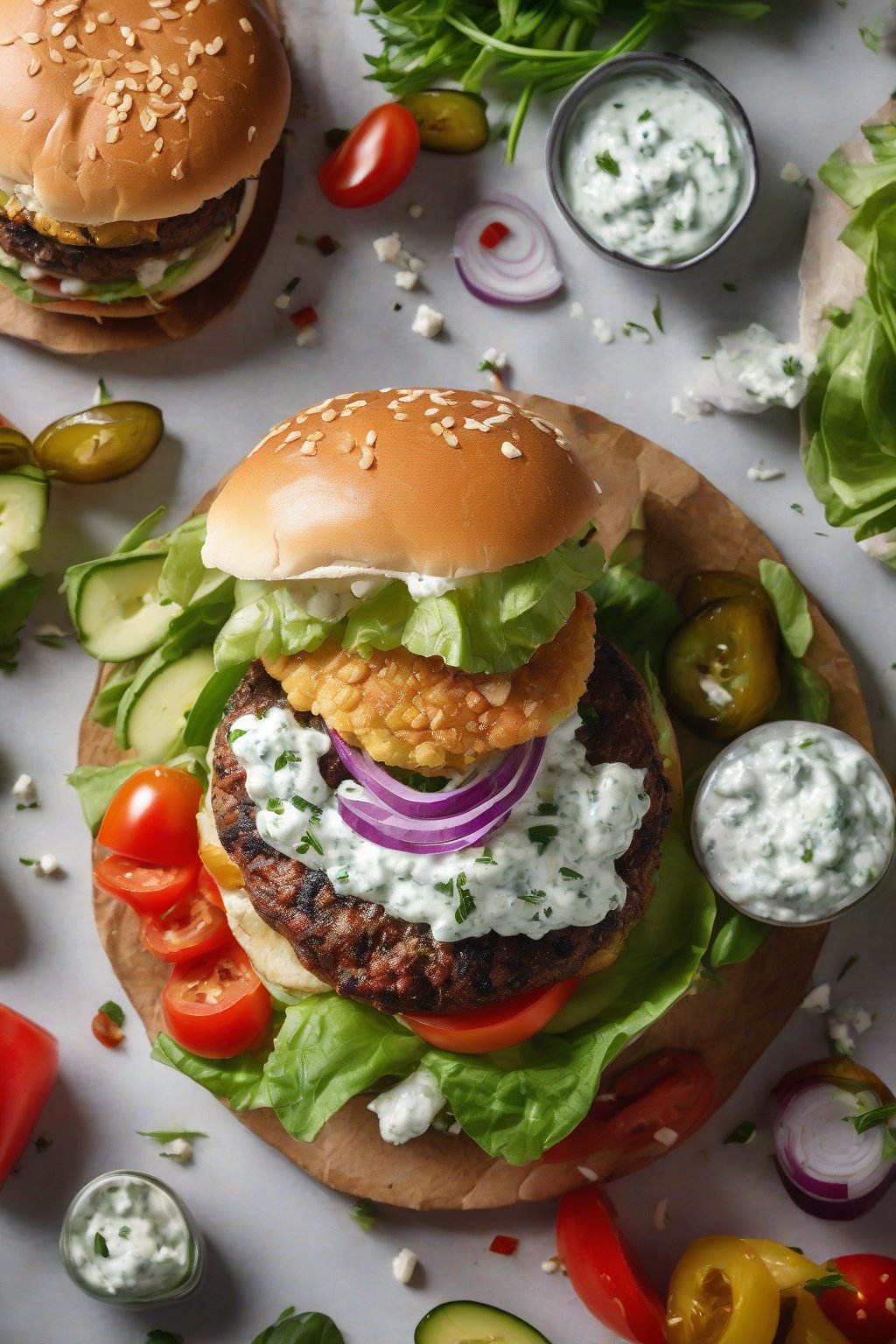A high-resolution photo of a Greek feta smash burger topped with tzatziki and fresh veggies under soft lighting.