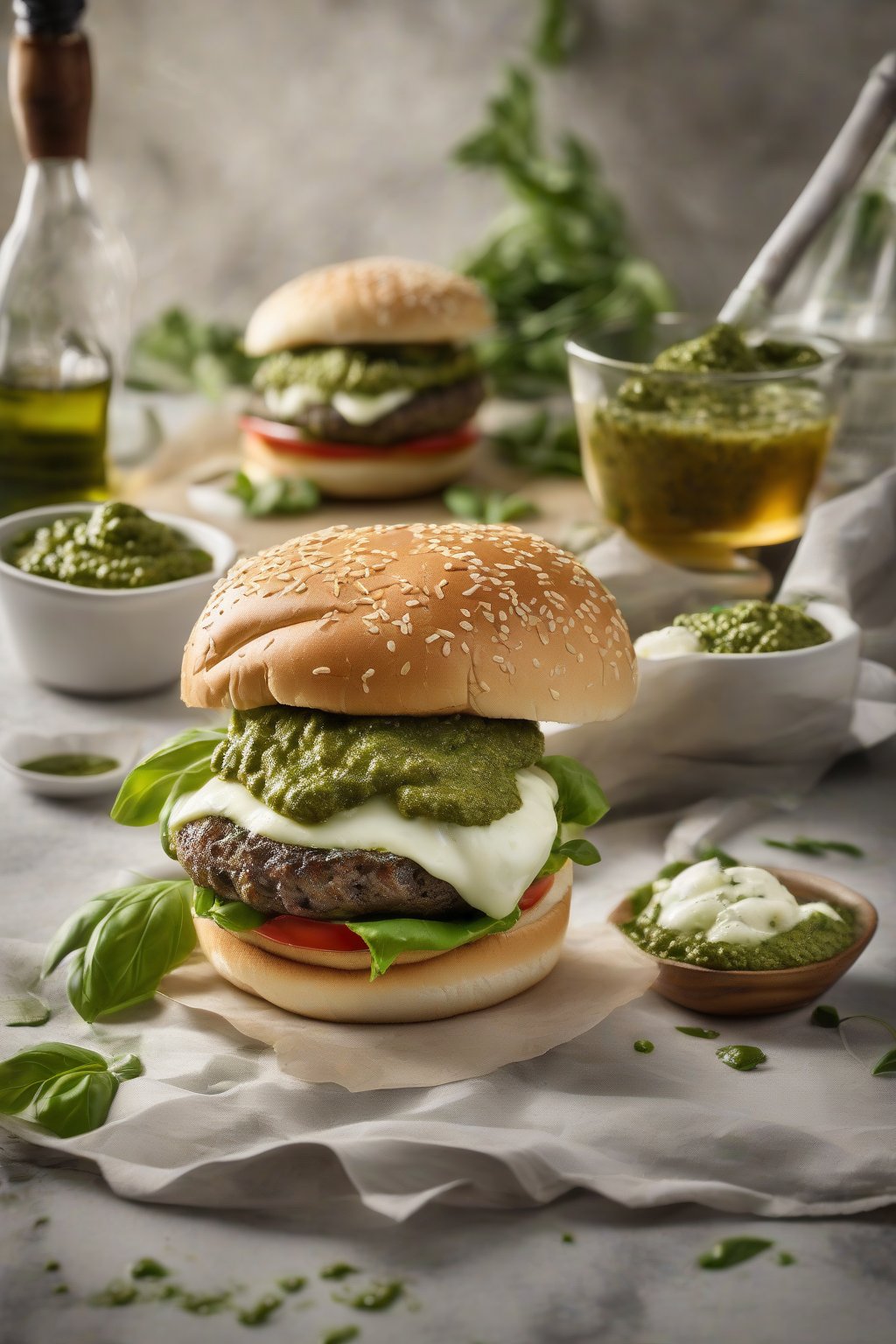 A high-resolution photo of a pesto Italian smash burger with fresh mozzarella and vibrant green pesto under soft lighting.