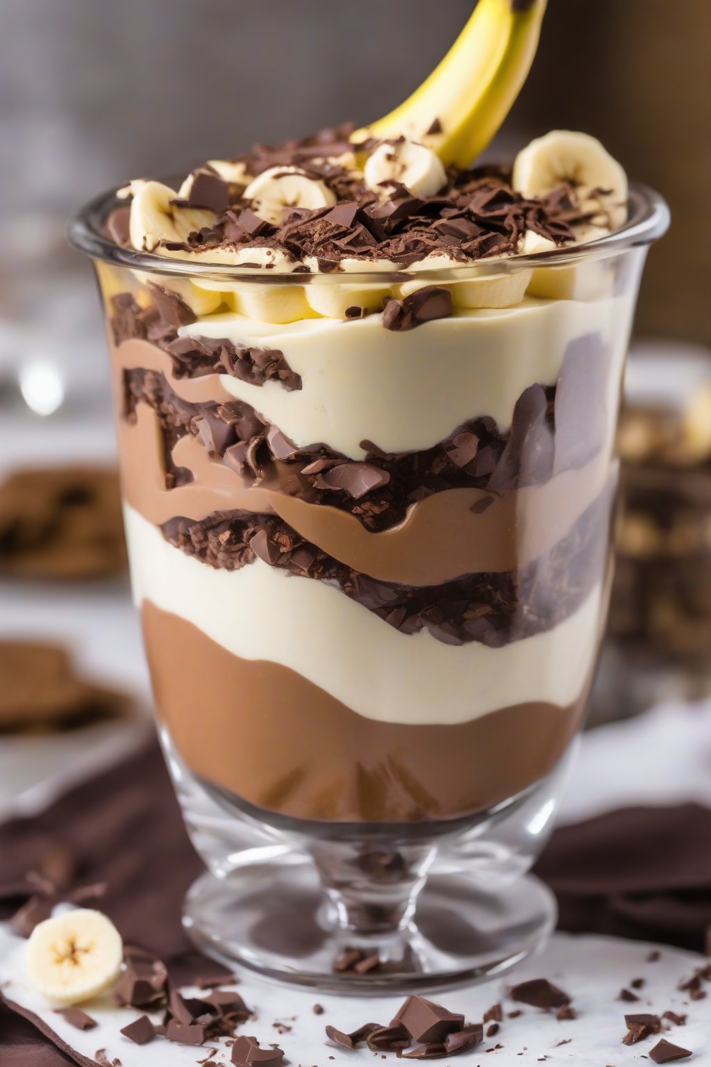 A close-up photo of chocolate banana pudding parfait in a glass, showing rich layers and chocolate shavings under soft lighting.