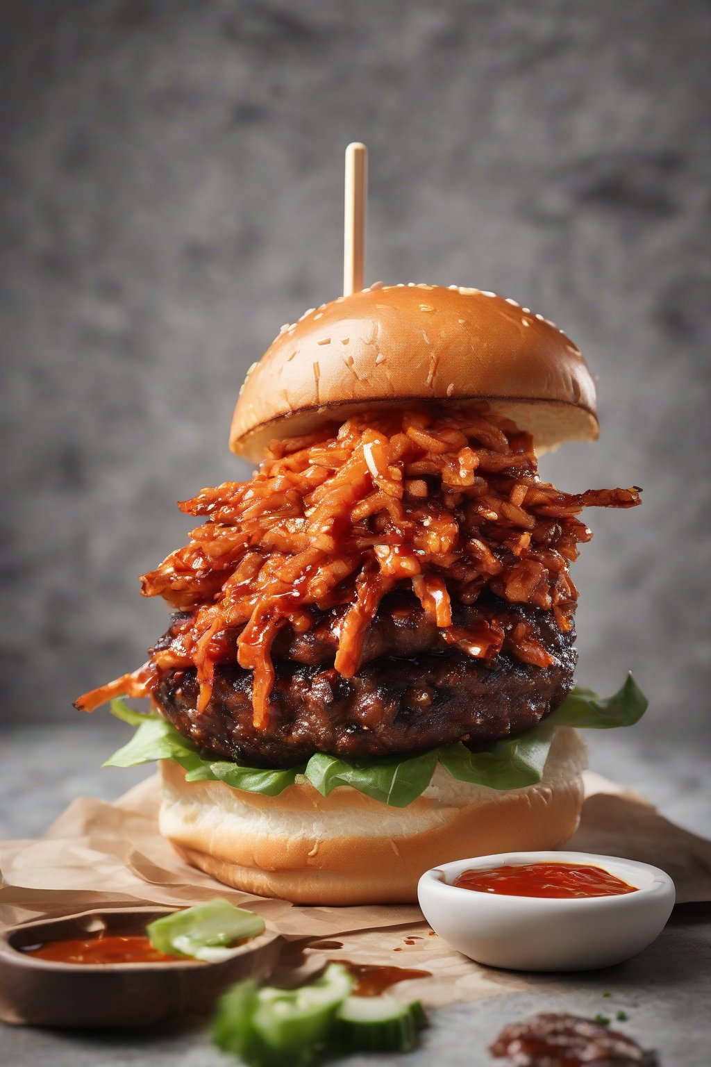 A high-resolution photo of a Korean BBQ smash burger with spicy gochujang glaze and crunchy kimchi under soft lighting.