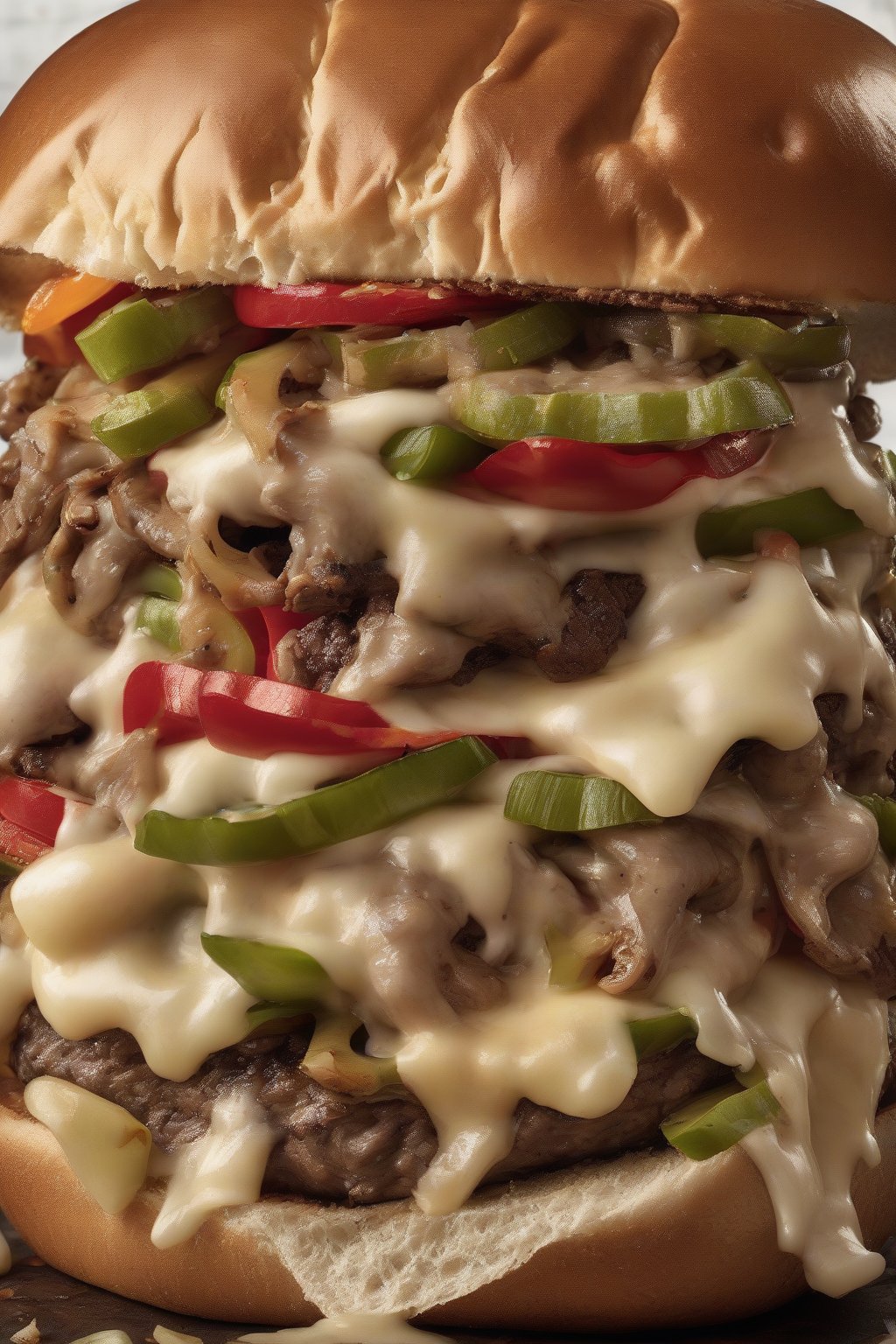 A high-resolution photo of a Philly cheesesteak smash burger overflowing with peppers, onions, and melted provolone under soft lighting.