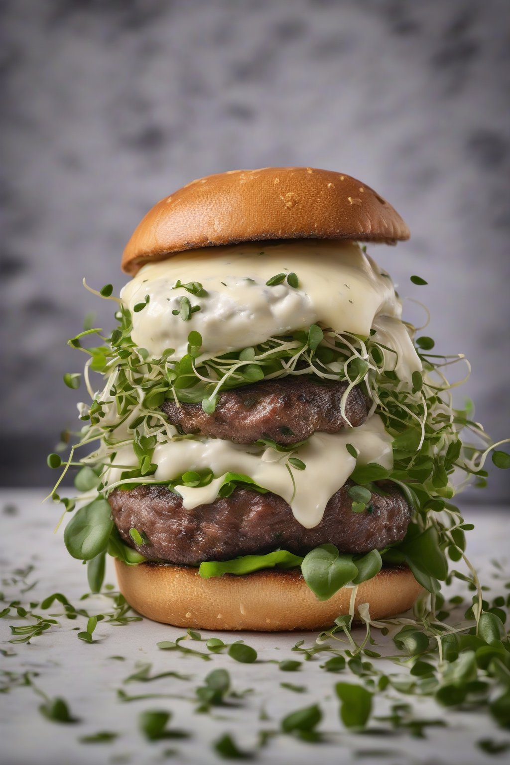 A high-resolution photo of a truffle aioli smash burger with creamy brie and elegant microgreens under soft lighting.
