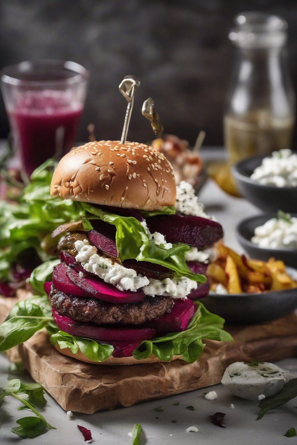 A high-resolution photo of a veggie-loaded smash burger with roasted beets and tangy goat cheese under soft lighting.