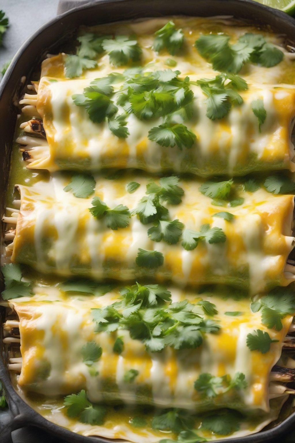 A high-resolution photo of steaming green chicken enchiladas topped with melted cheese and cilantro under soft lighting.