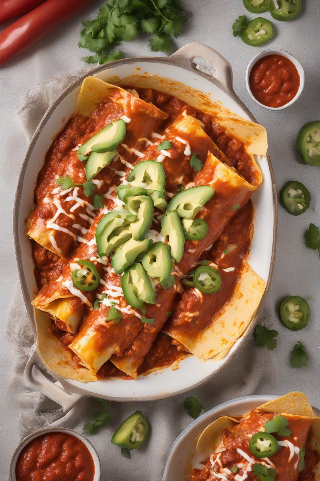 A high-resolution photo of red-sauced chicken enchiladas with jalapeño slices under soft lighting.