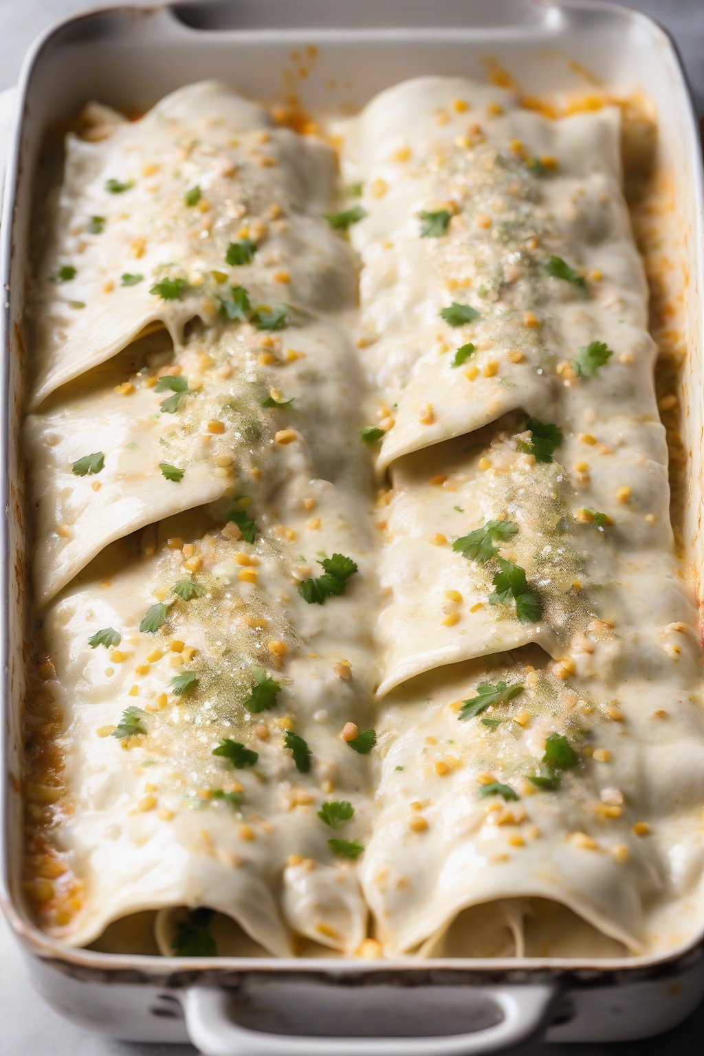 A high-resolution photo of creamy white chicken enchiladas dusted with sparkly glitter under soft lighting.