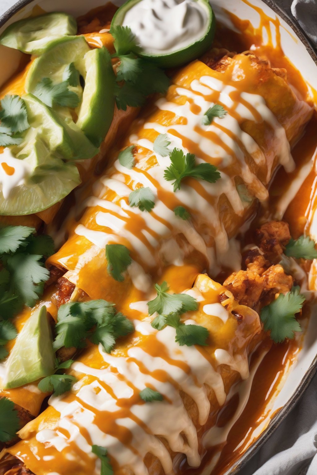A high-resolution photo of fiery orange chicken enchiladas with crema drizzle under soft lighting.