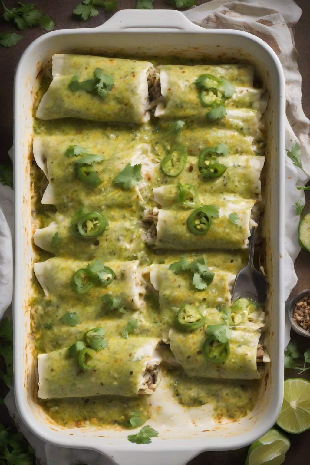 A high-resolution photo of herb-flecked green chicken enchiladas under soft lighting.