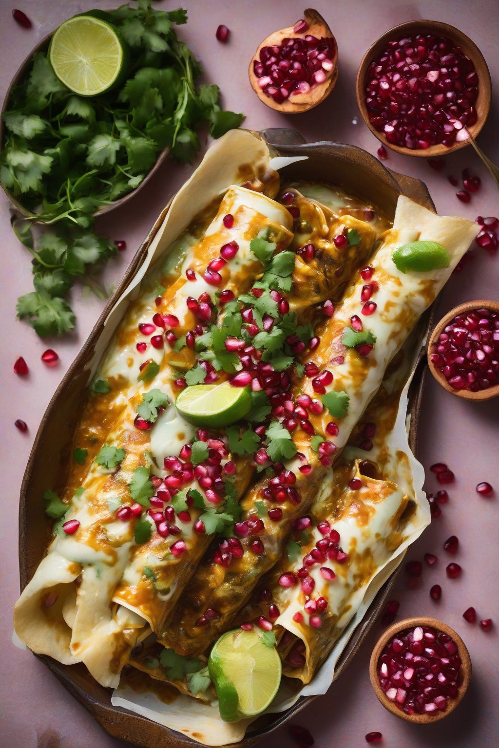 A high-resolution photo of roasted poblano chicken enchiladas with pomegranate jewels under soft lighting.