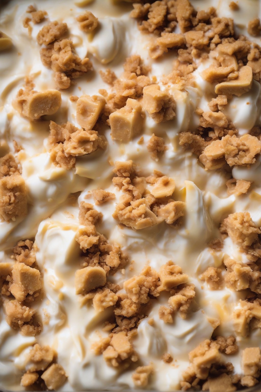A close-up photo of peanut butter banana pudding layers with cookie crumbs and peanut topping under soft lighting.
