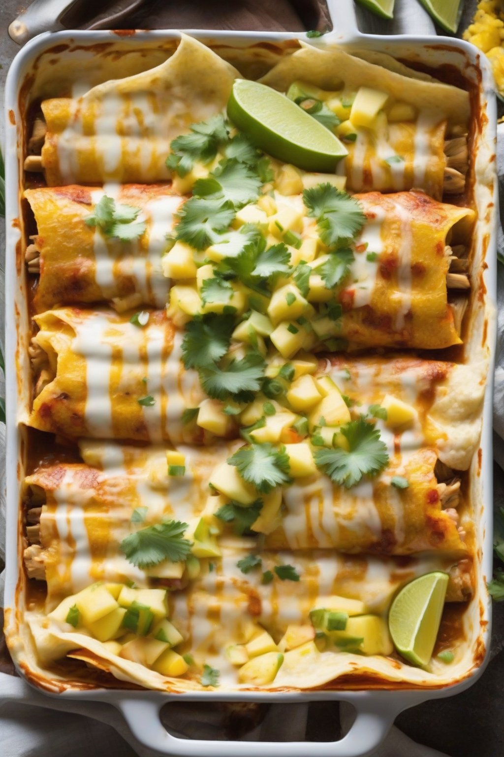 A high-resolution photo of pineapple-topped tropical chicken enchiladas under soft lighting.