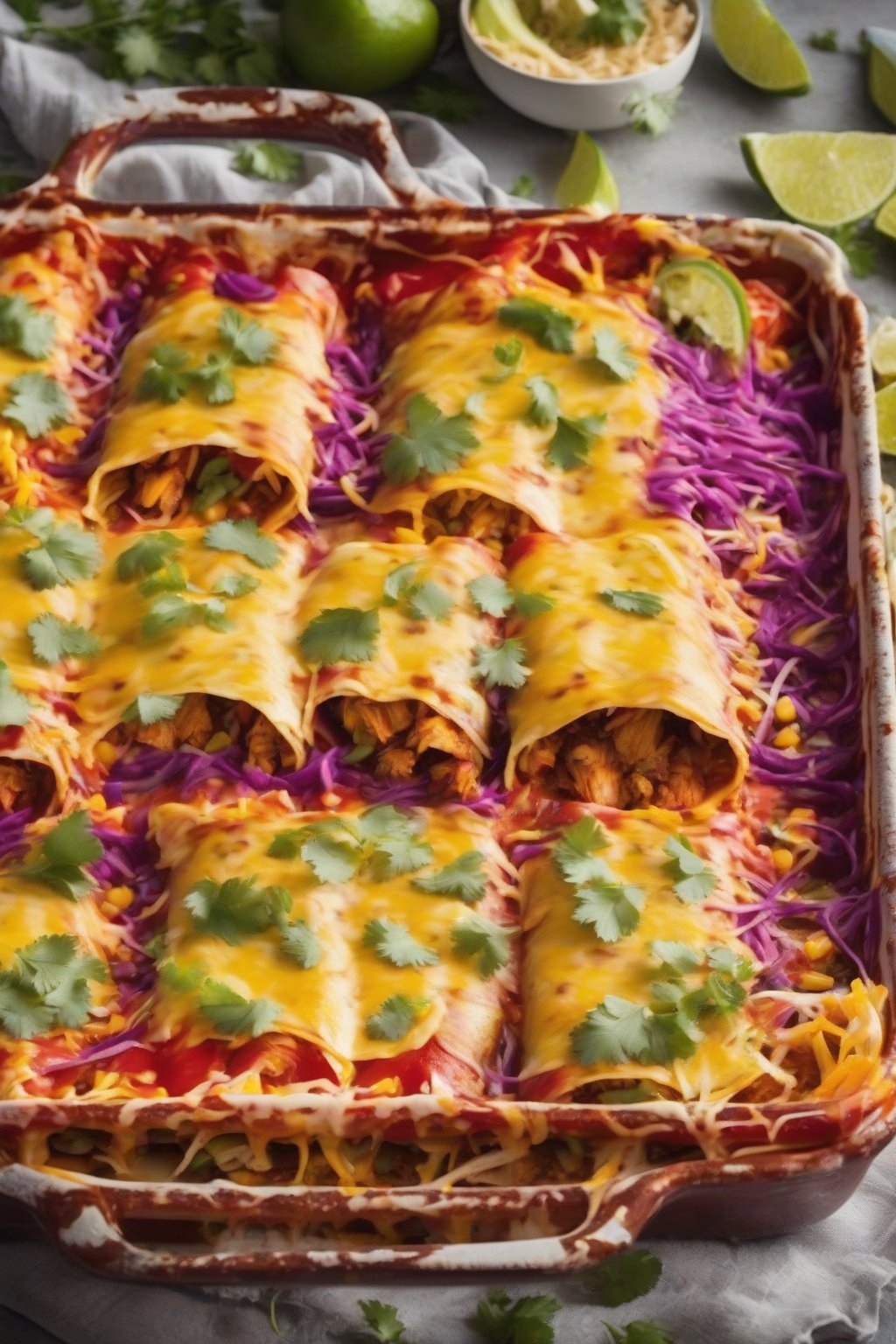 A high-resolution photo of vibrant rainbow-layered chicken enchiladas under soft lighting.