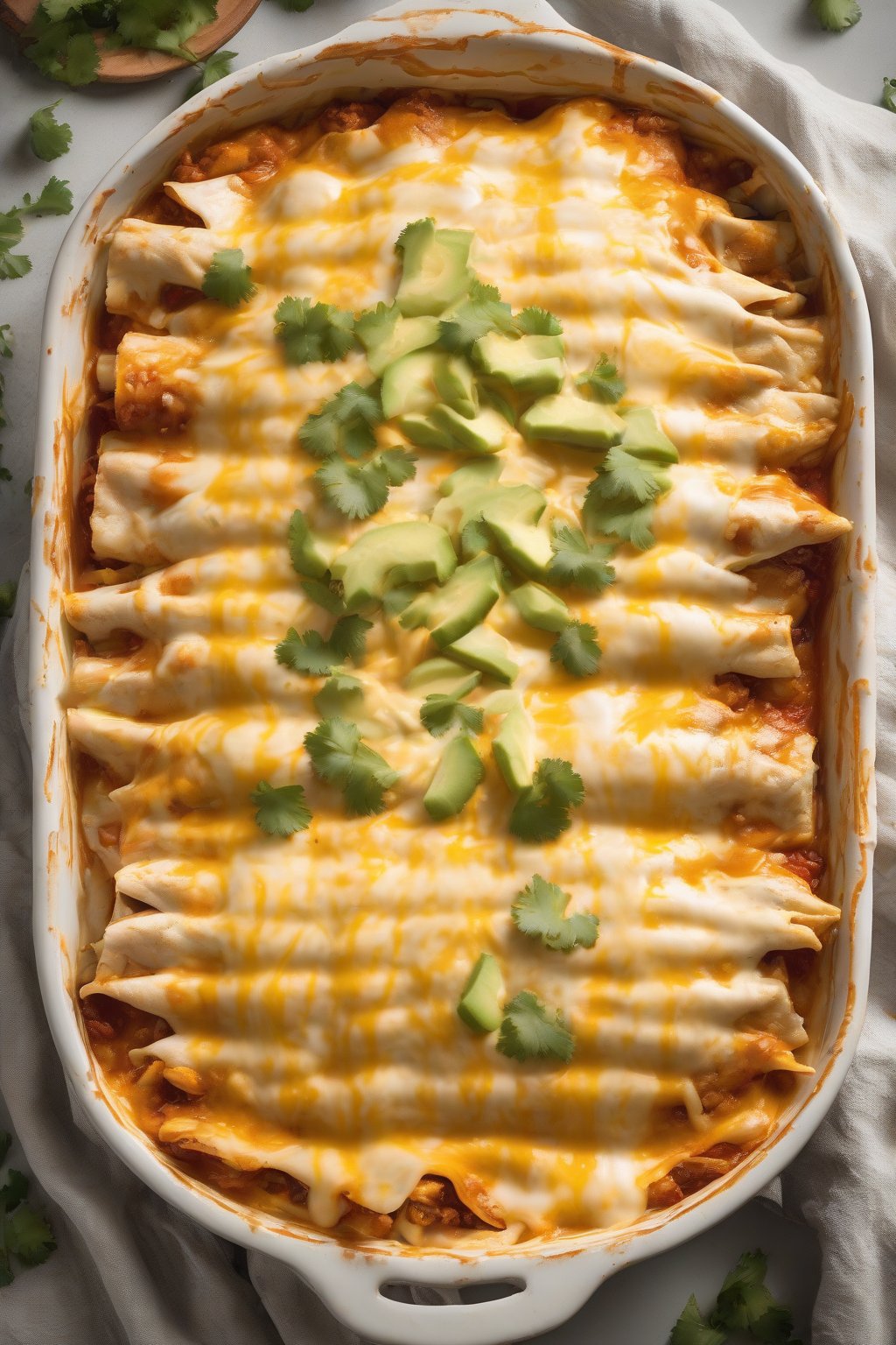 A high-resolution photo of oozing golden cheesy chicken enchiladas under soft lighting.