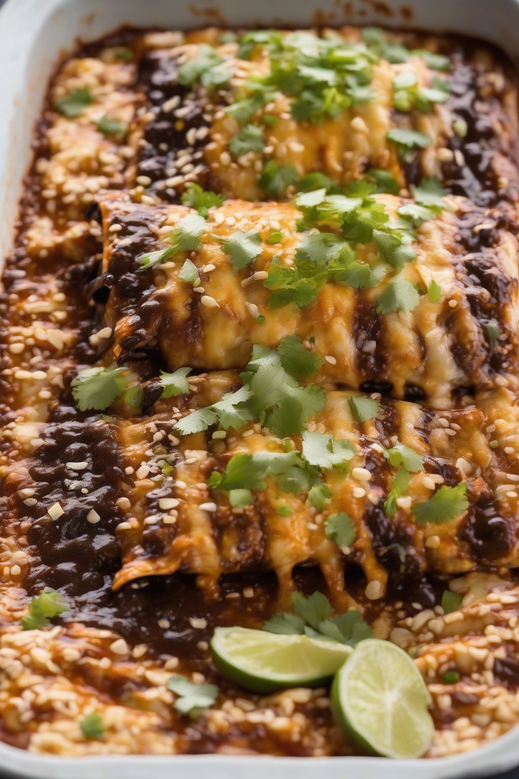A high-resolution photo of dark mole-drenched chicken enchiladas with sesame under soft lighting.