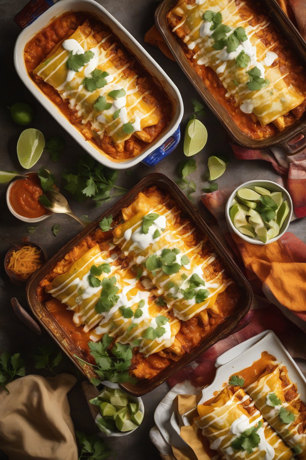 A high-resolution photo of pumpkin-hued chicken enchiladas under soft lighting.