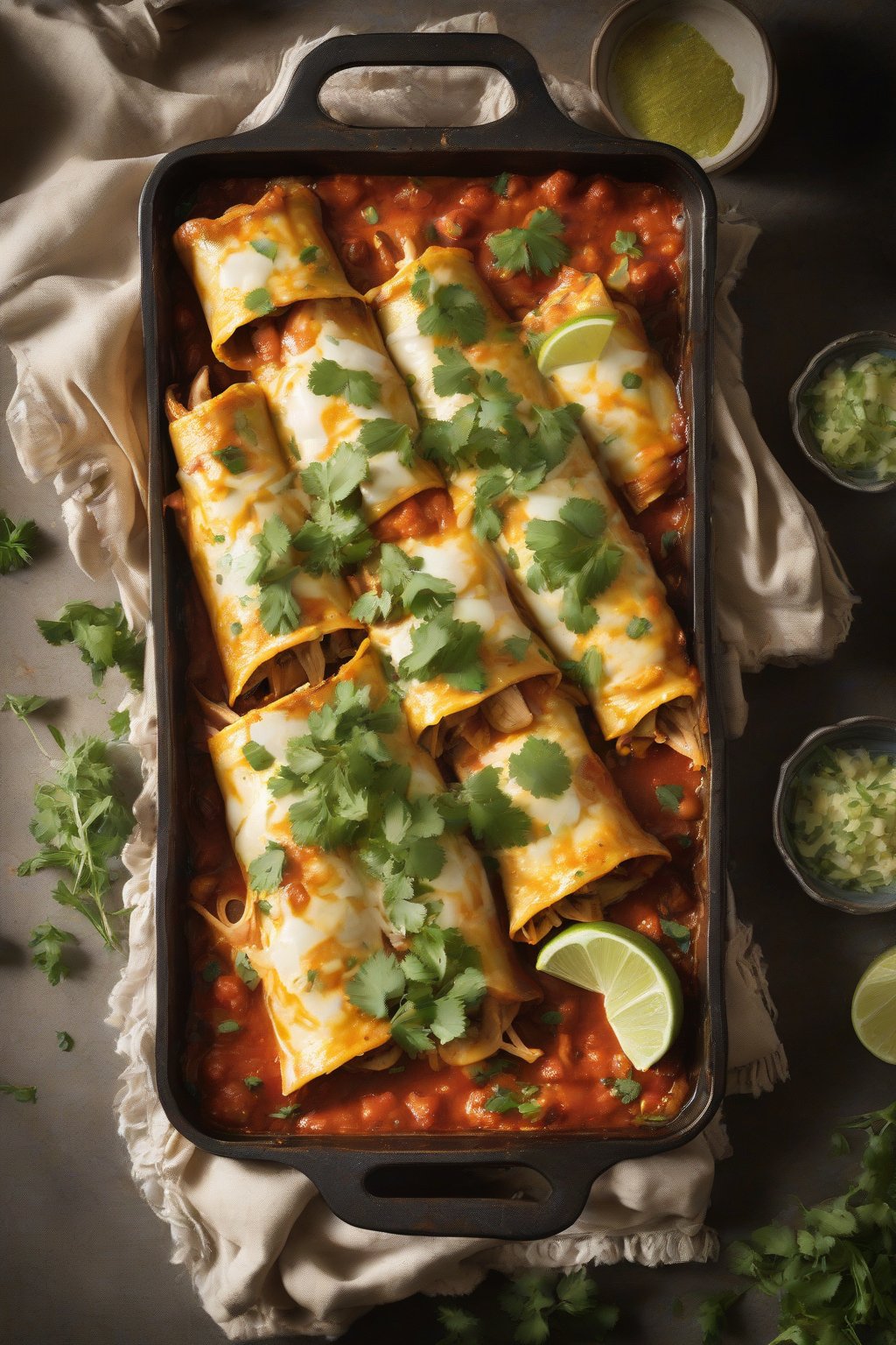 A high-resolution photo of garlic-roasted chicken enchiladas garnished with herbs under soft lighting.