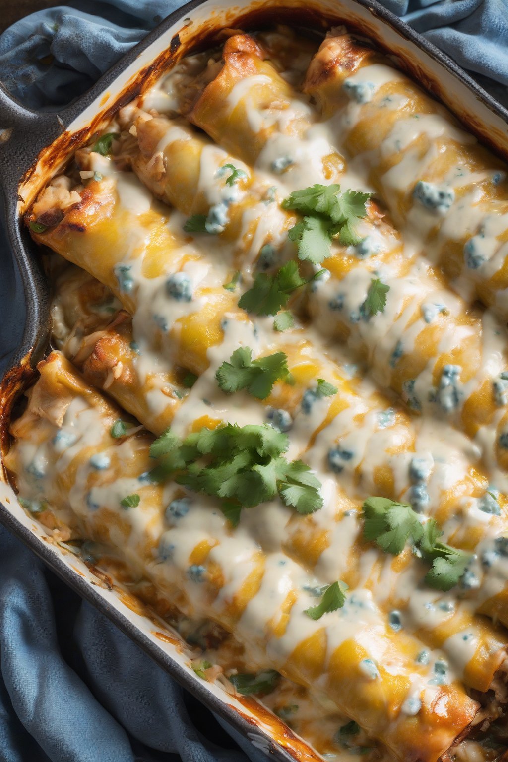 A high-resolution photo of blue cheese pear chicken enchiladas under soft lighting.