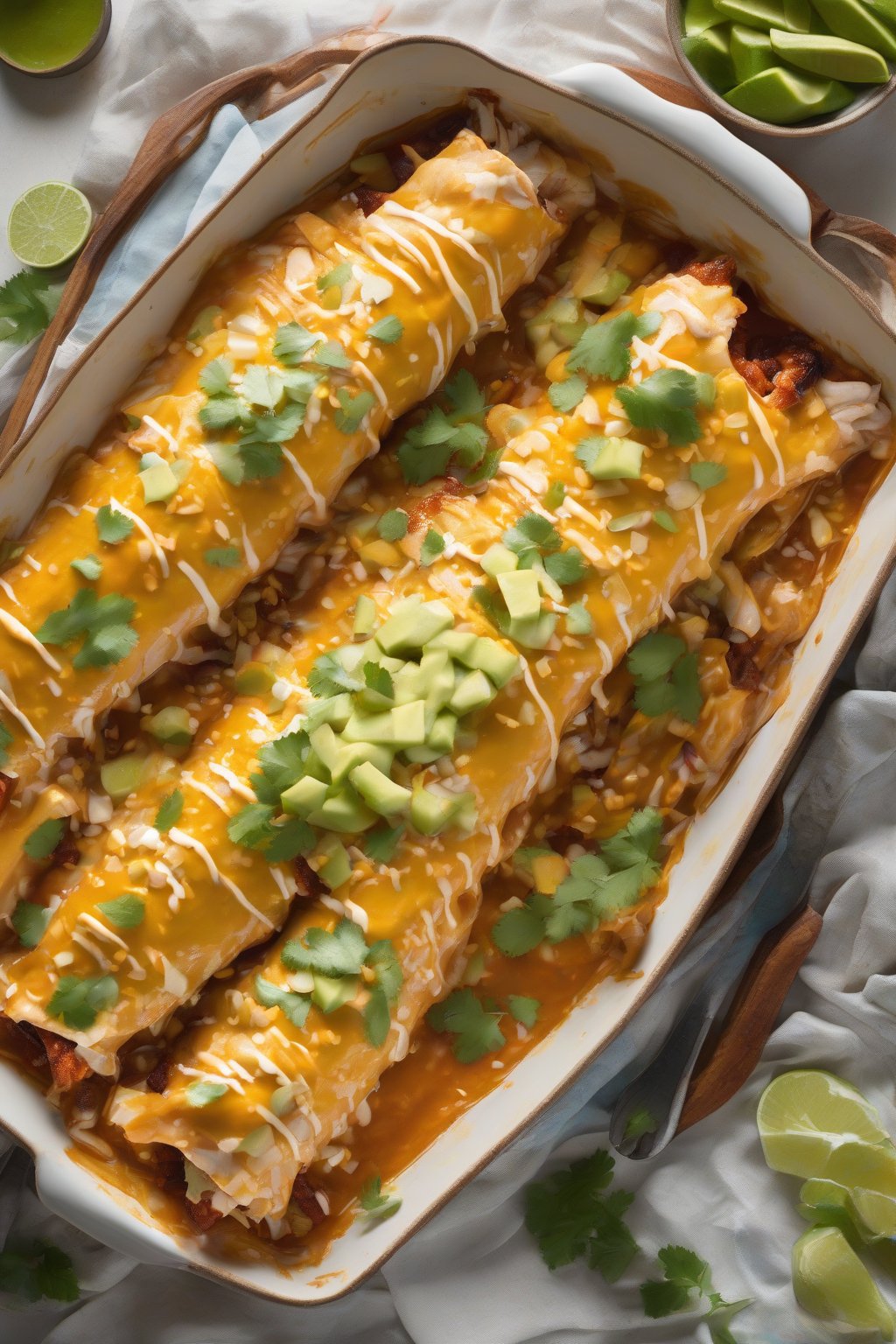 A high-resolution photo of starfruit-glazed sweet chicken enchiladas under soft lighting.