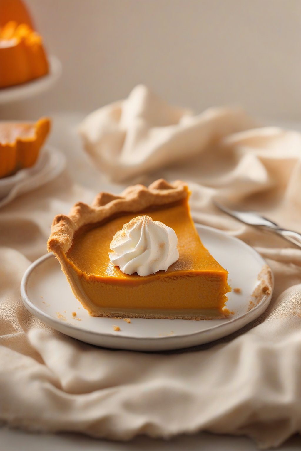 A high-resolution photo of a golden classic pumpkin pie slice with flaky crust and creamy orange filling under soft lighting.