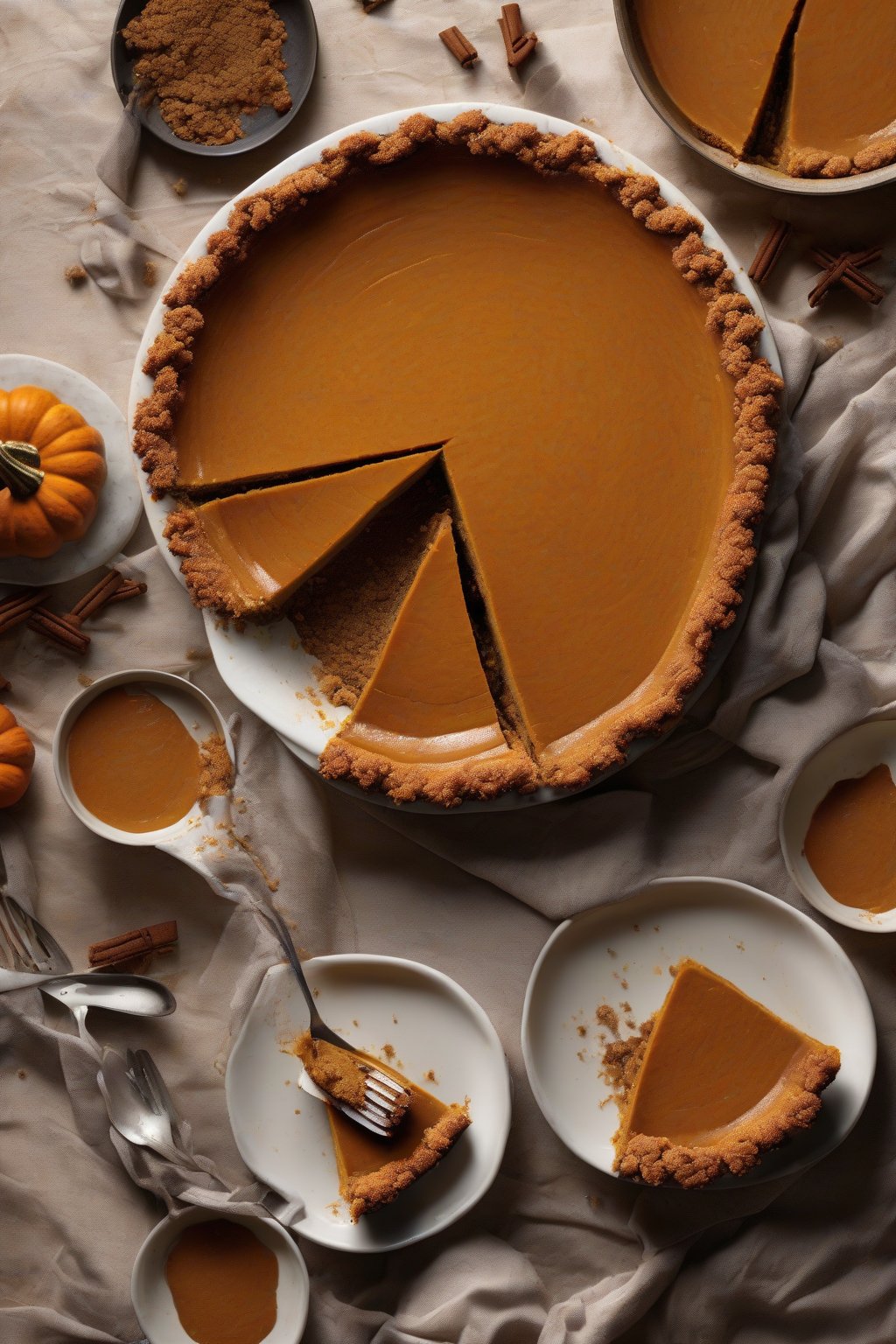 A high-resolution photo of pumpkin pie with crumbly gingersnap crust and spiced filling under soft lighting.