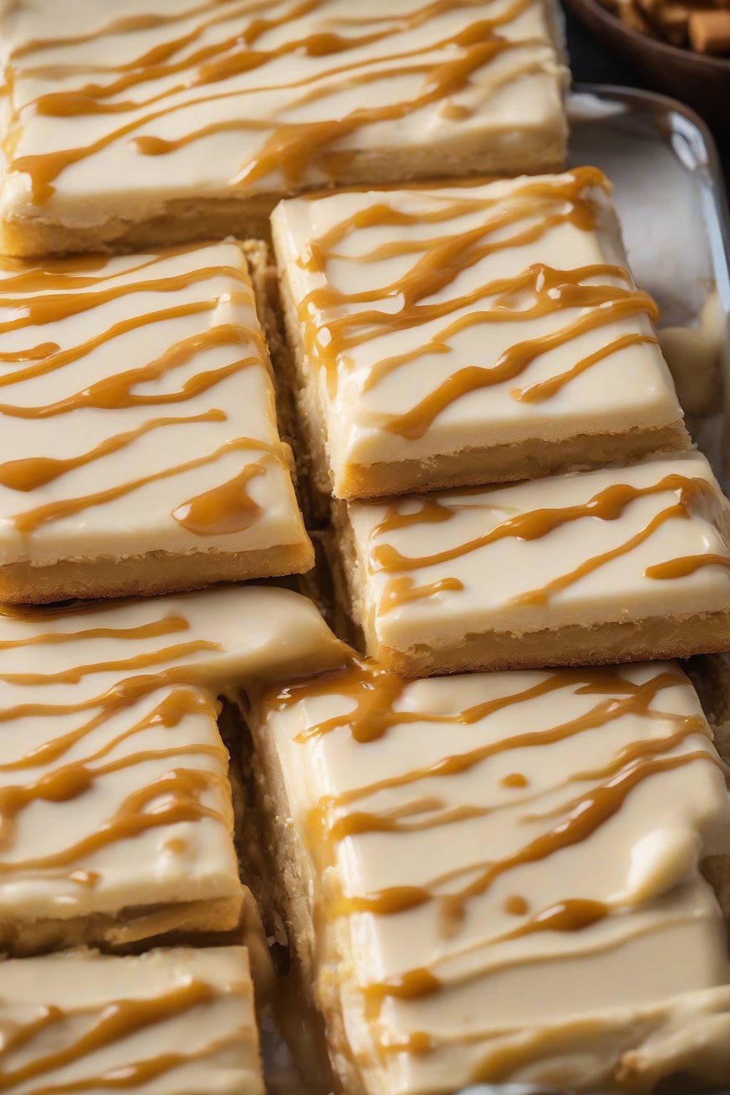 A close-up photo of caramel-drizzled banana pudding layers with golden shortbread under soft lighting.