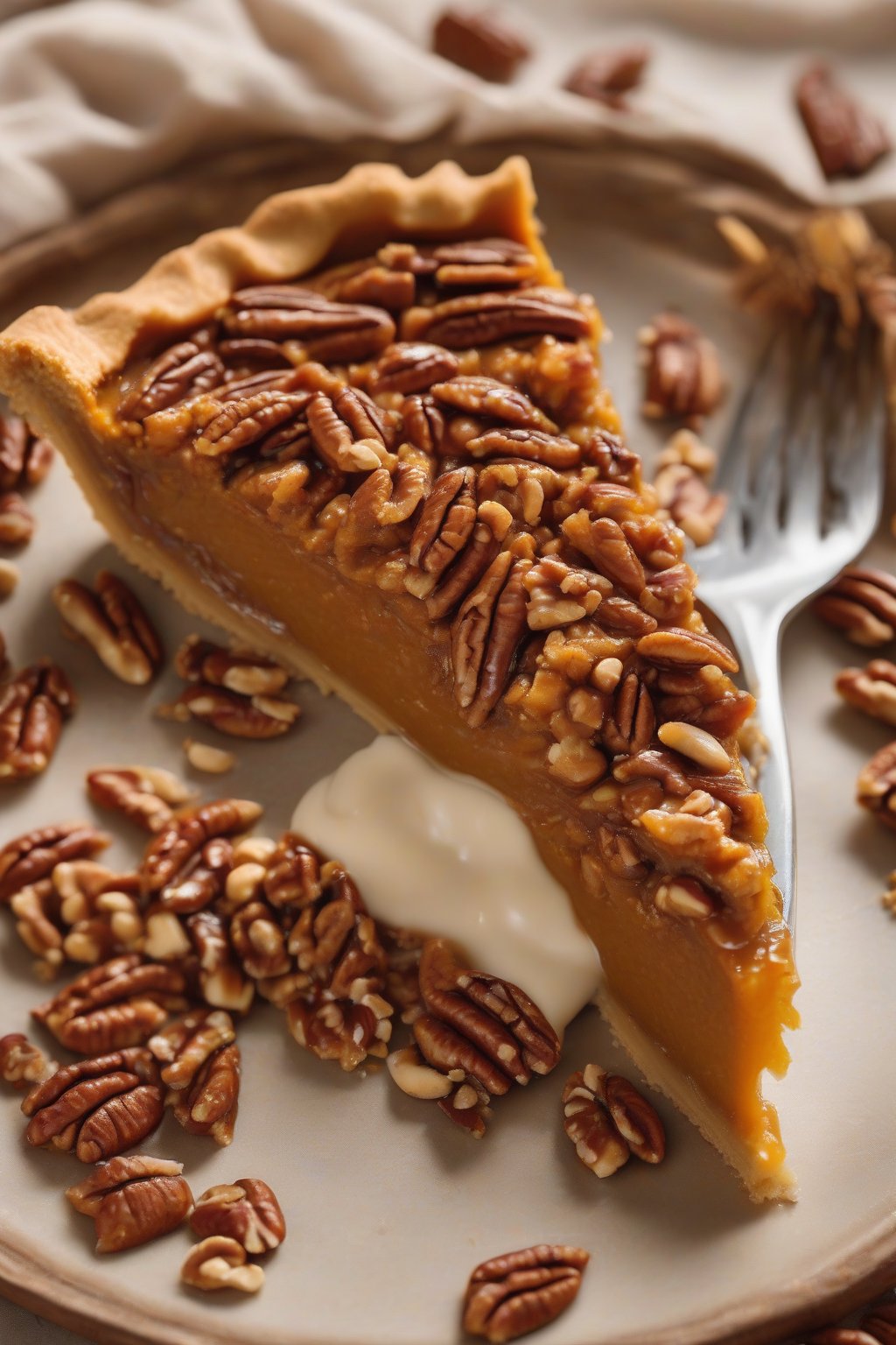A high-resolution photo of maple pecan pumpkin pie with glossy nuts on top under soft lighting.