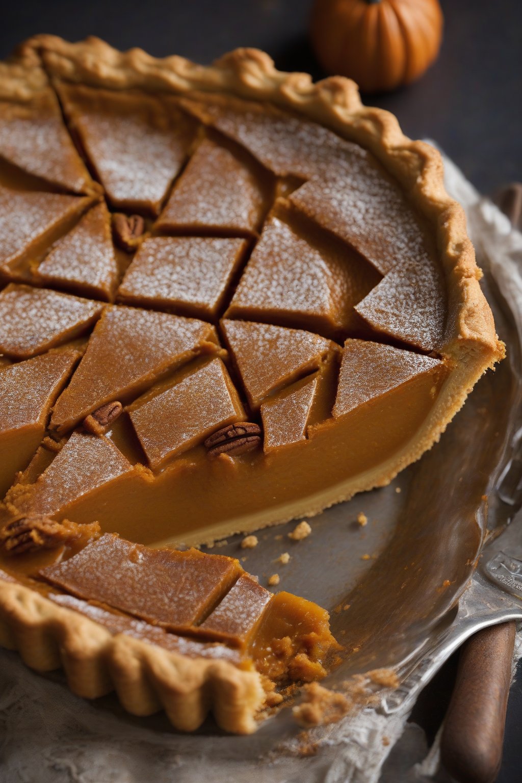 A high-resolution photo of rum-spiced pumpkin pie slice revealing boozy depth under soft lighting.
