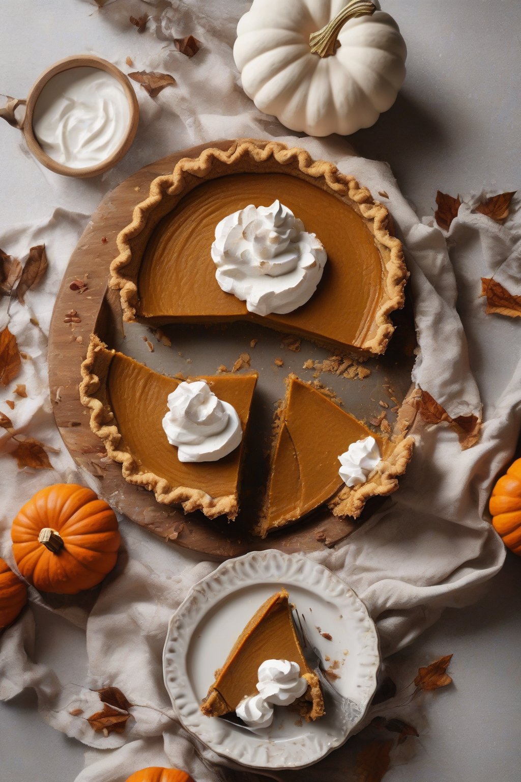 A high-resolution photo of vegan pumpkin pie with coconut whipped topping under soft lighting.