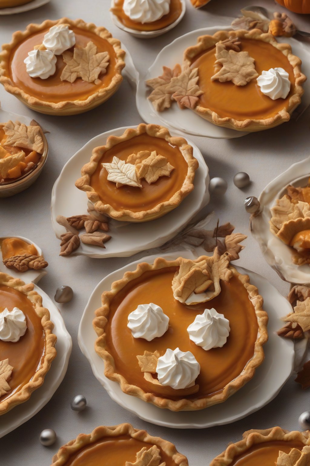 A high-resolution photo of mini pumpkin pies arranged on a festive platter under soft lighting.