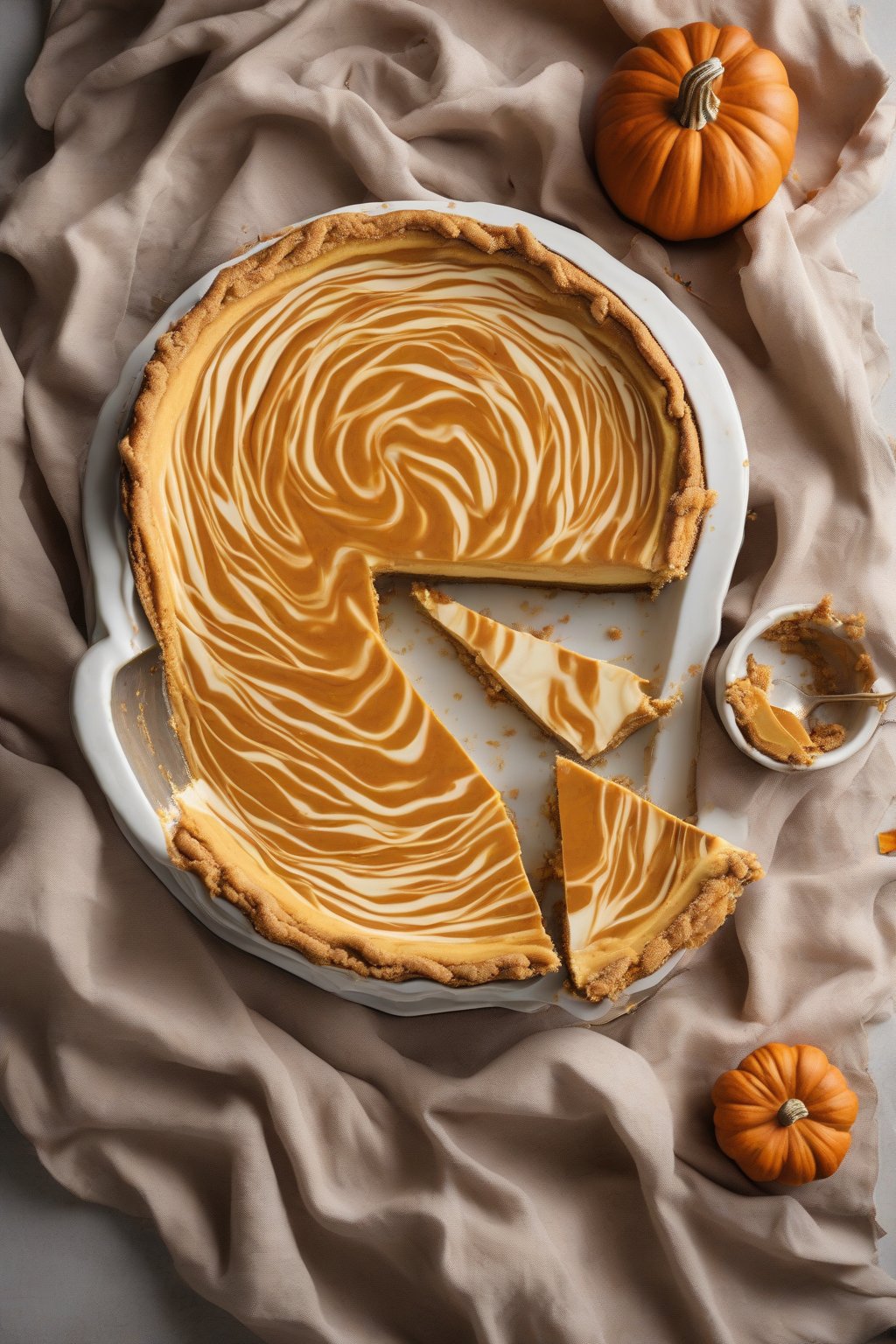 A high-resolution photo of swirled pumpkin cheesecake pie with creamy layers under soft lighting.