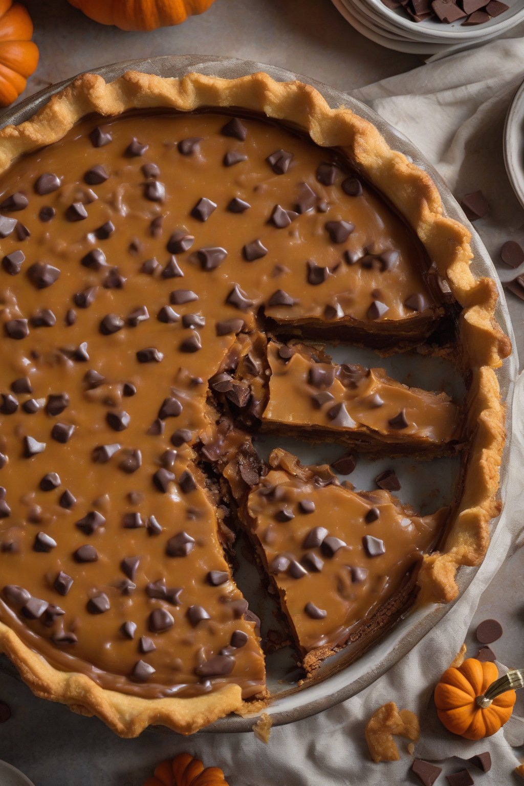 A high-resolution photo of chocolate chip pumpkin pie oozing chips under soft lighting.